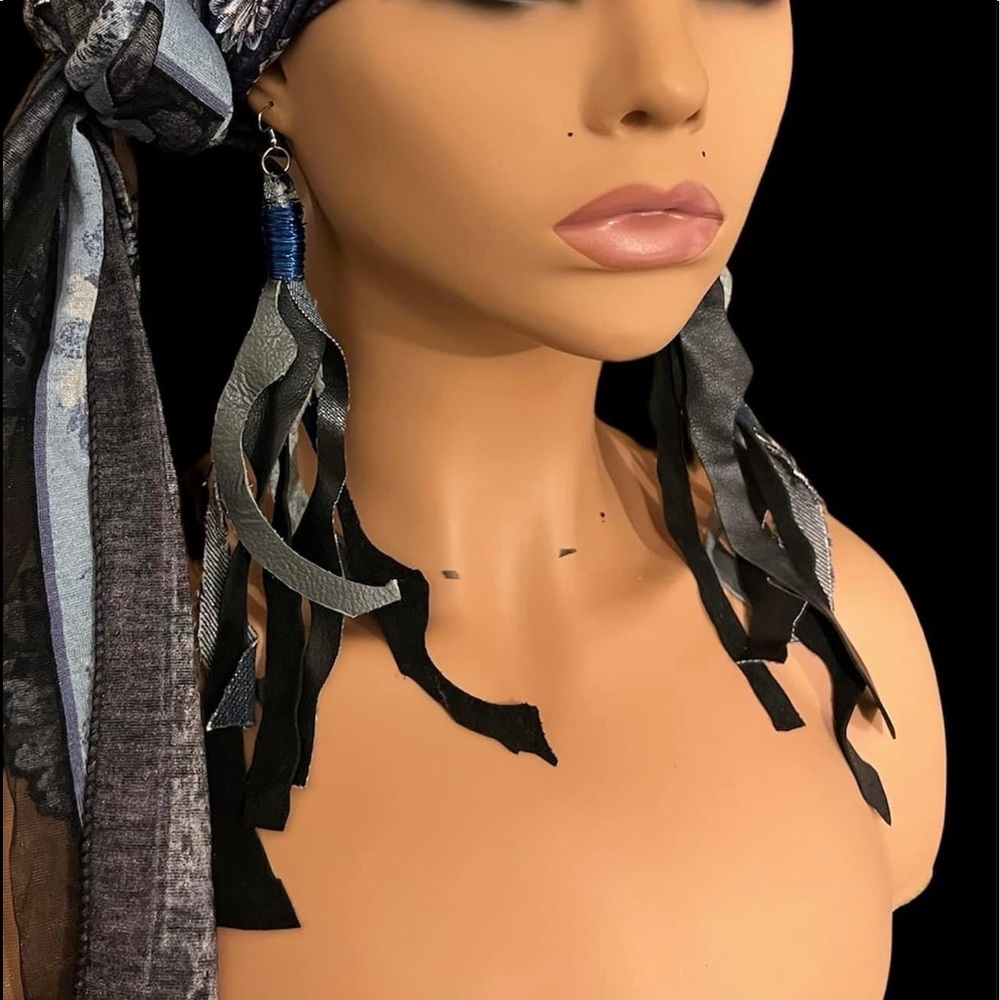 LEATHER & DENIM FRINGES EARRINGS